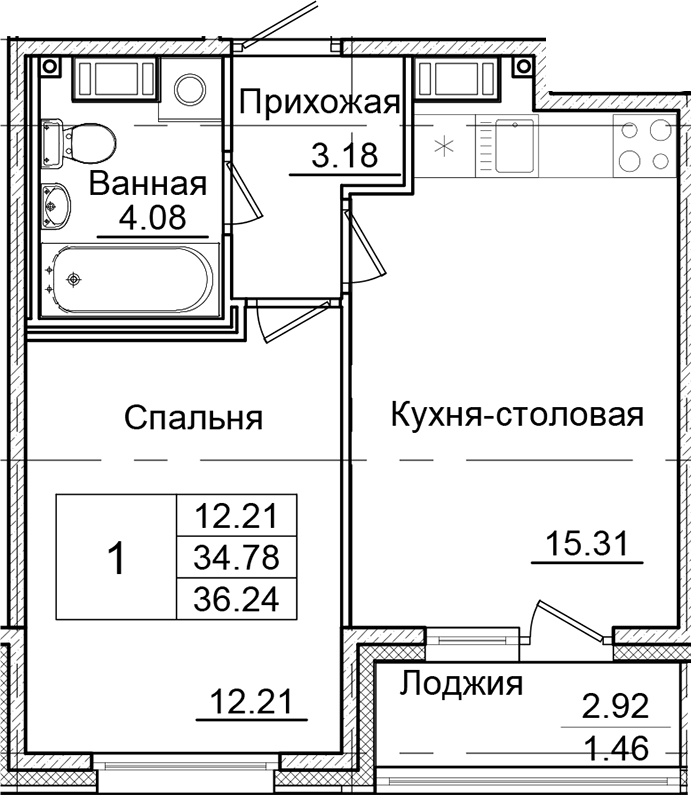 1-комнатная квартира 36.24 м², 4/9 эт., ЖК «Квартал Заречье»